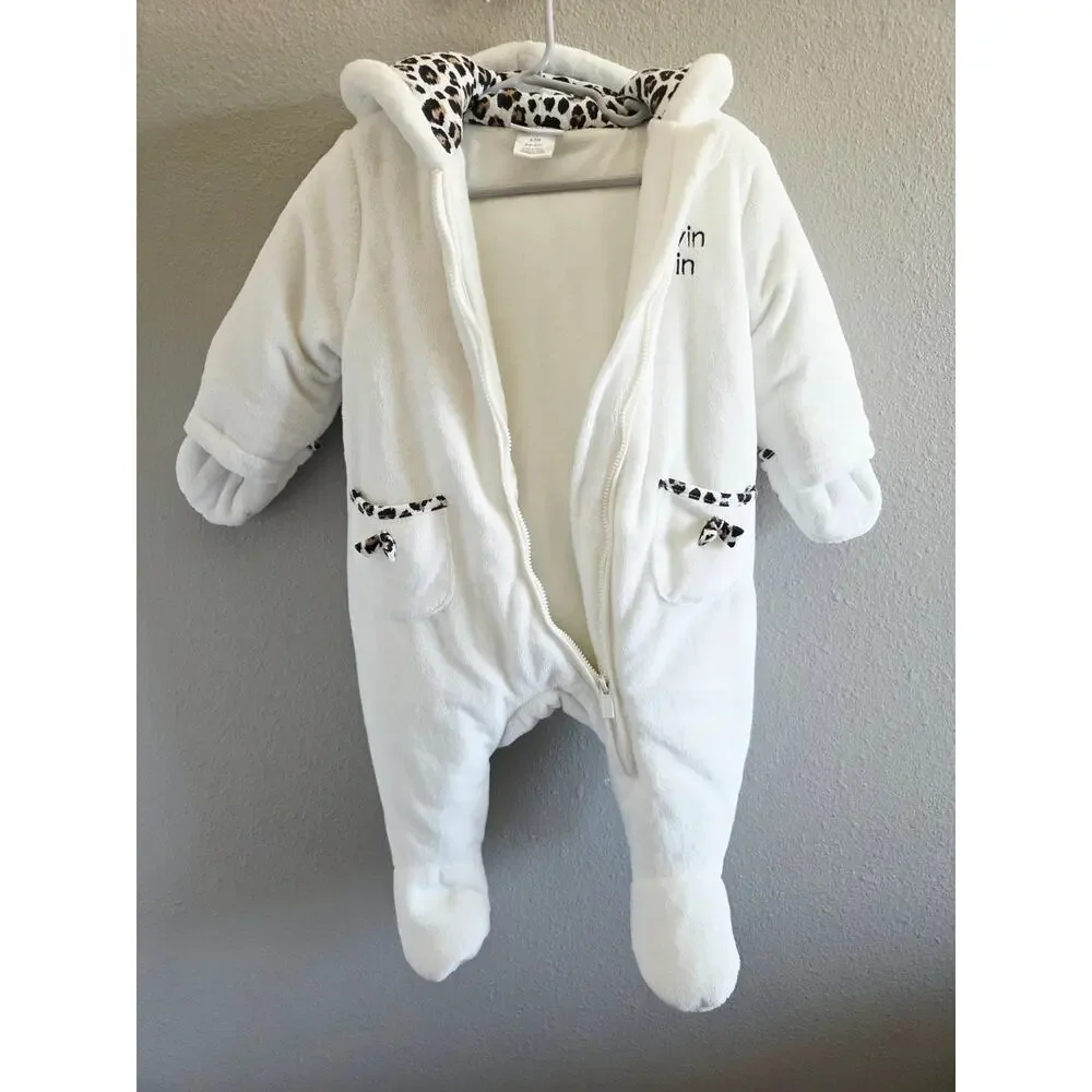 Calvin Klein Baby Winter Bunting Bodysuit Onesie 6-9 Months White Leopard Print